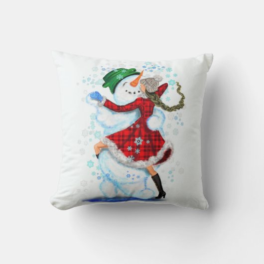 雪だるまと女の子のダンサーおもしろいクリスマス枕 クッション (正面)
