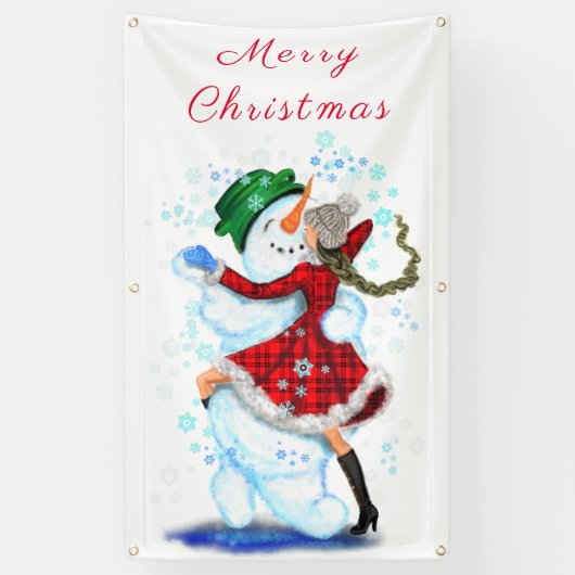 雪だるまと女の子のダンサーのクリスマスバナー 横断幕 (縦)