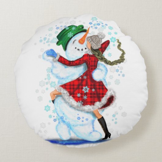 雪だるまと女の子ダンサーが枕を囲む ラウンドクッション (裏面)