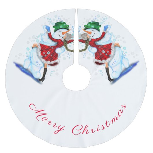 雪だるまと女の子ダンサーのクリスマスツリースカート ブラッシュドポリエステルツリースカート (正面)