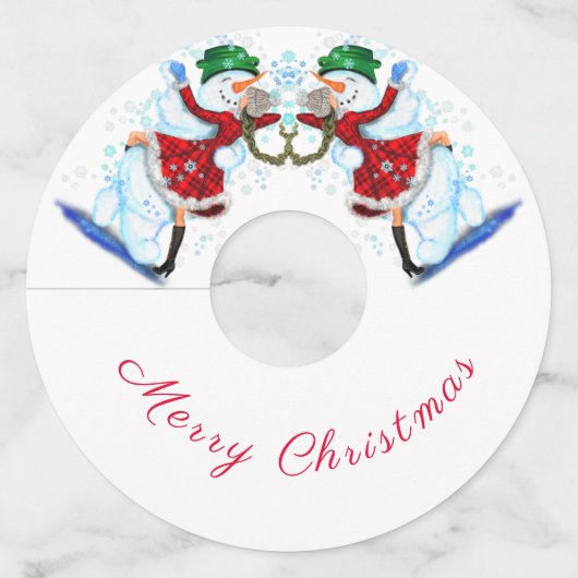 雪だるまと女の子ダンサーのクリスマスワイングラスラベル ワイングラスタグ (正面)