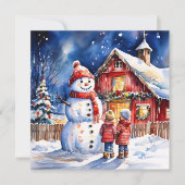 雪だるまと子供のヴィンテージファームクリスマス カード (正面)