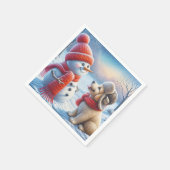 雪だるまと子犬 スタンダードカクテルナプキン (角)