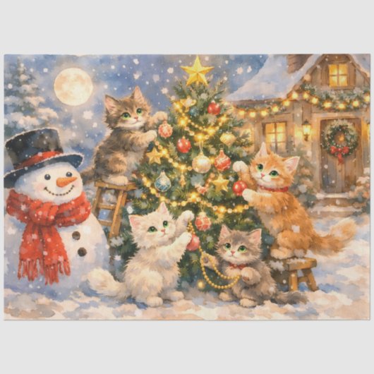 雪だるまと子猫がクリスマスツリーを飾る 薄葉紙 (正面)