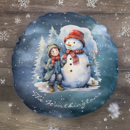雪だるまと少年とスカーフスターリーナイトモノグラム ラウンドクッション