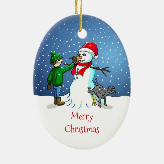 雪だるまと少年と犬がクリスマスオーナメントに乗る セラミックオーナメント (裏面)