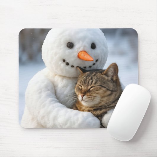 雪だるまと抱き合うトラ猫 マウスパッド (マウス)