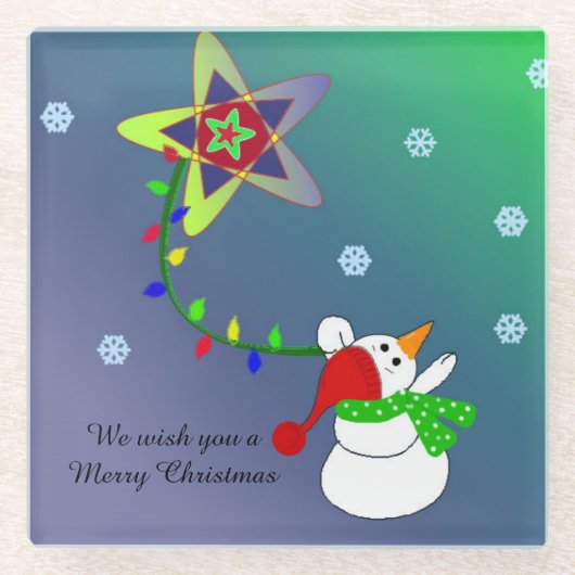 雪だるまと星 ガラスコースター (正面)