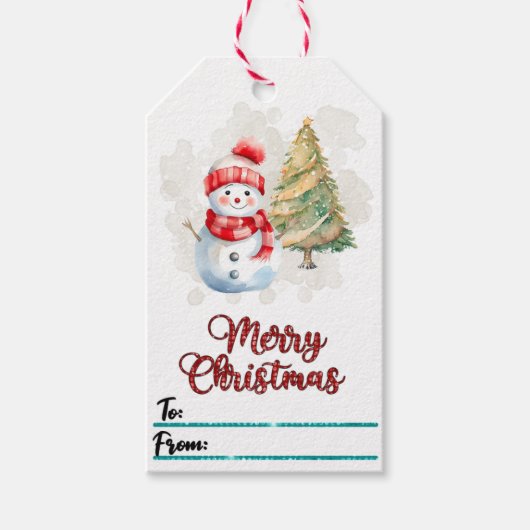 雪だるまと木のクリスマスラベル ギフトタグ (正面)