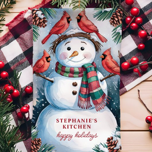 雪だるまと深紅色のパーソナライズされたクリスマス キッチンタオル