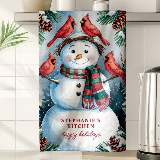 雪だるまと深紅色のパーソナライズされたクリスマス キッチンタオル