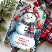 雪だるまと深紅色のパーソナライズされたクリスマス キッチンタオル
