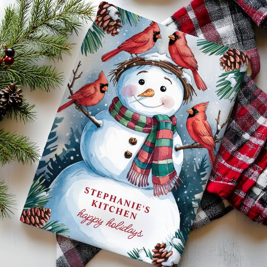 雪だるまと深紅色のパーソナライズされたクリスマス キッチンタオル