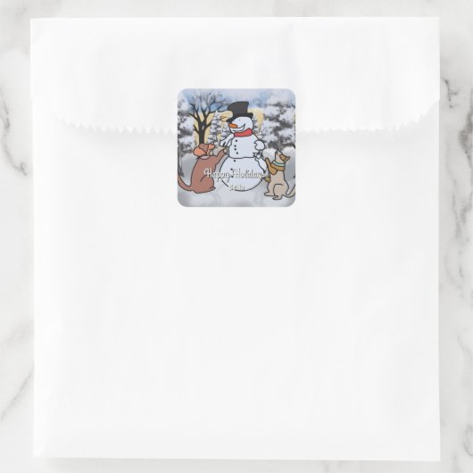 雪だるまと犬と猫の友情 | おもしろい スクエアシール (バッグ)