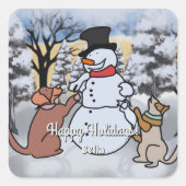 雪だるまと犬と猫の友情 | おもしろい スクエアシール (正面)