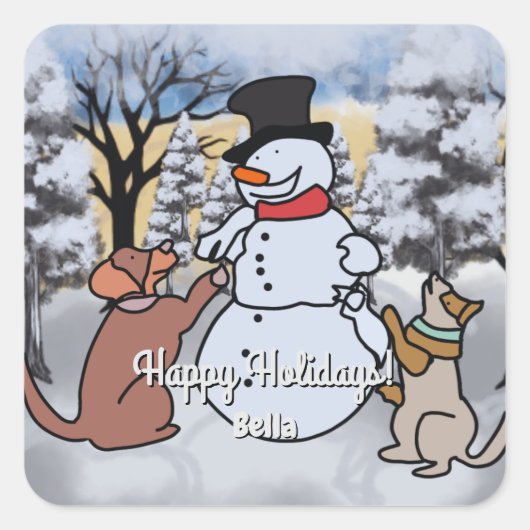 雪だるまと犬と猫の友情 | おもしろい スクエアシール (正面)