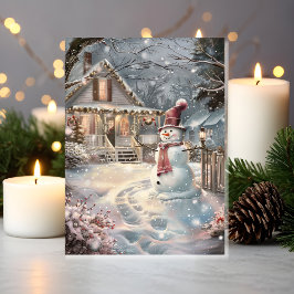 雪だるまと輝く居心地の良いクリスマスコテージ カード