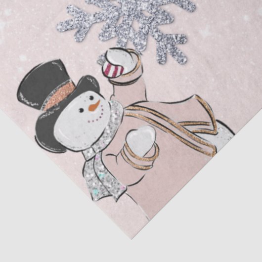 雪だるまと銀の雪片ピンクのクリスマス 薄葉紙 (詳細)