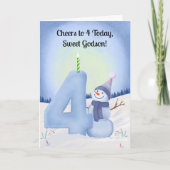 雪だるまと雪の数字の4 ゴッドソン4歳の誕生日 カード (正面)