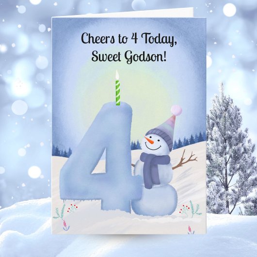 雪だるまと雪の数字の4 ゴッドソン4歳の誕生日 カード