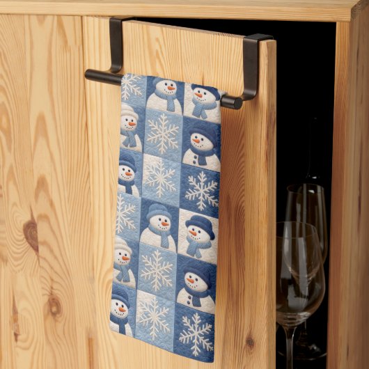 雪だるまと雪の結晶のキルト柄 キッチンタオル (三つ折り)