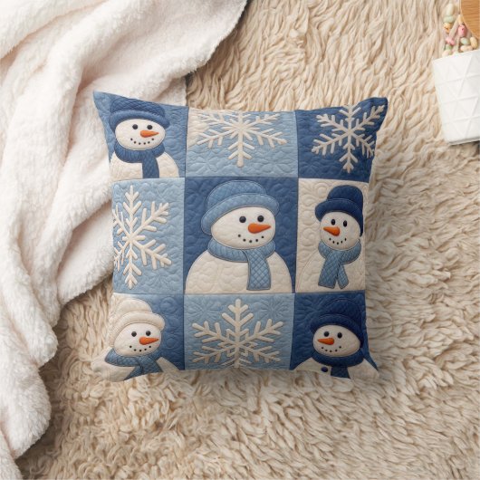 雪だるまと雪の結晶のキルト柄 クッション (ブランケット)