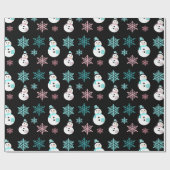雪だるまと雪の結晶ティール（緑がかった色）とピンククリスマス ラッピングペーパー (フラット)
