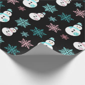 雪だるまと雪の結晶ティール（緑がかった色）とピンククリスマス ラッピングペーパー (角)