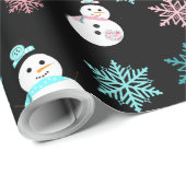 雪だるまと雪の結晶ティール（緑がかった色）とピンククリスマス ラッピングペーパー (ロールコーナー)