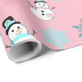 雪だるまと雪の結晶ティール（緑がかった色）とピンククリスマス ラッピングペーパー (ロールコーナー)
