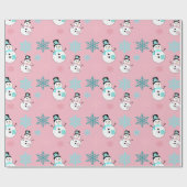 雪だるまと雪の結晶ティール（緑がかった色）とピンククリスマス ラッピングペーパー (フラット)