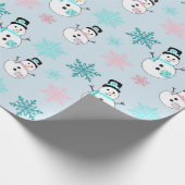 雪だるまと雪の結晶ティール（緑がかった色）とピンククリスマス ラッピングペーパー (角)