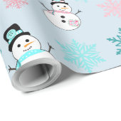 雪だるまと雪の結晶ティール（緑がかった色）とピンククリスマス ラッピングペーパー (ロールコーナー)