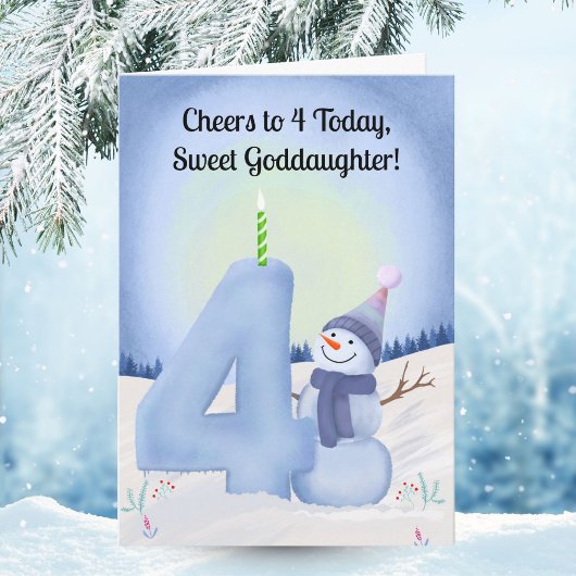 雪だるまと雪の4の字の被後援者娘4歳の誕生日 カード
