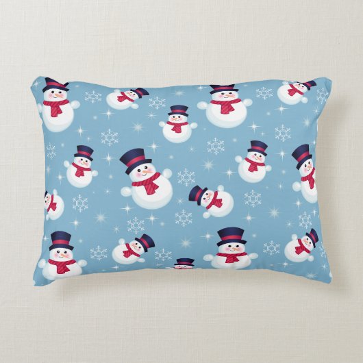 雪だるまと雪片の青いクリスマスパターン アクセントクッション (正面)