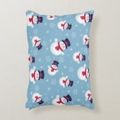 雪だるまと雪片の青いクリスマスパターン アクセントクッション (正面(垂直))