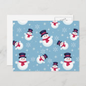 雪だるまと雪片の青いクリスマスパターン シーズンポストカード (正面/裏面)