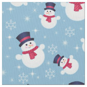 雪だるまと雪片の青いクリスマスパターン ファブリック (クローズアップ)