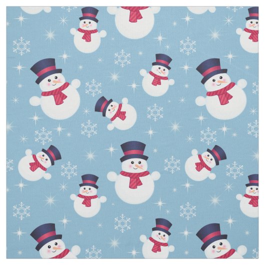 雪だるまと雪片の青いクリスマスパターン ファブリック (見本)