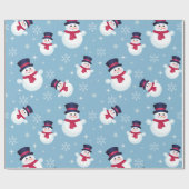 雪だるまと雪片の青いクリスマスパターン ラッピングペーパー (フラット)