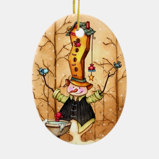 雪だるまと鳥の友人クリスマスオーナメント セラミックオーナメント (裏面)