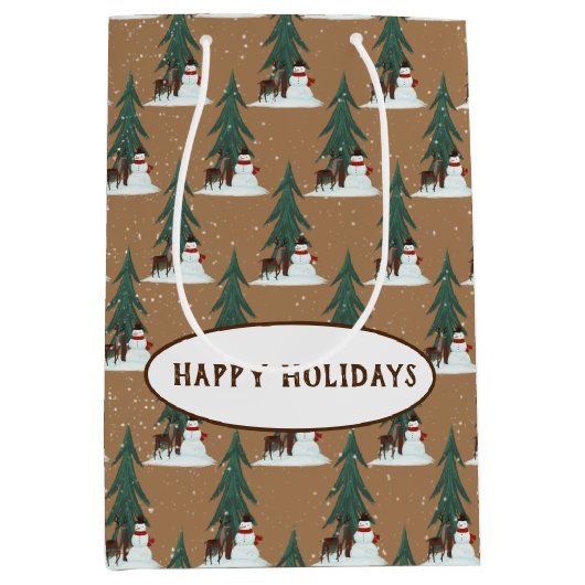 雪だるまと鹿の雪片 ミディアムペーパーバッグ (正面)