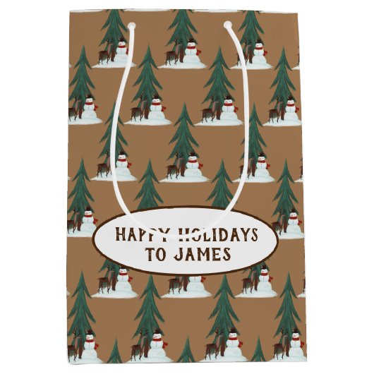 雪だるまと鹿の雪 ミディアムペーパーバッグ (正面)