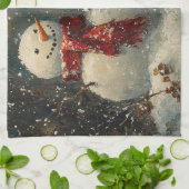 雪だるまと(鳥)ショウジョウコウカンチョウ油彩画 キッチンタオル (折り畳み)
