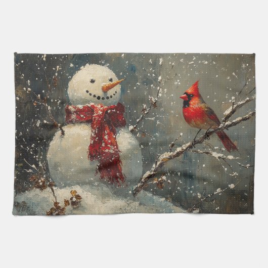 雪だるまと(鳥)ショウジョウコウカンチョウ油彩画 キッチンタオル (横)