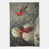 雪だるまと(鳥)ショウジョウコウカンチョウ油彩画 キッチンタオル (縦)