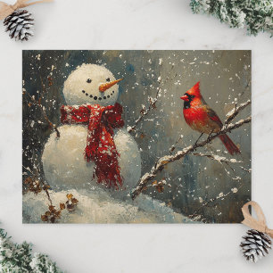 雪だるまと(鳥)ショウジョウコウカンチョウ油彩画 ポストカード