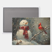 雪だるまと（鳥）ショウジョウコウカンチョウ油彩画 マグネット (正面/裏面)