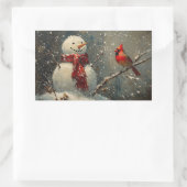 雪だるまと(鳥)ショウジョウコウカンチョウ油彩画 長方形シール (バッグ)