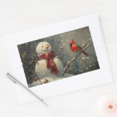 雪だるまと(鳥)ショウジョウコウカンチョウ油彩画 長方形シール (封筒)